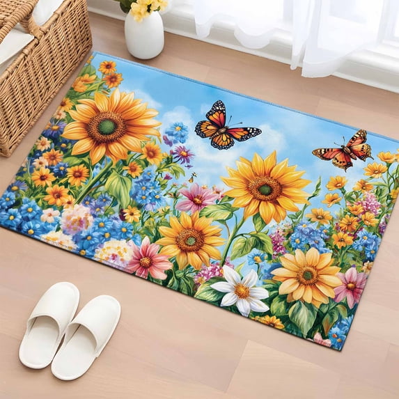 2x3 Ft Entryway Area Rug, Summer Yellow Sunflower Kitchen Rug Runner Washable Floor Mat, Daisy Wildflower Pastoral Non Slip Indoor Door Mat Throw Carpet for Bathroom Living Room Bedroom
