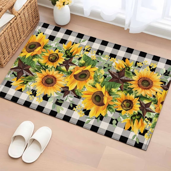 2x3 Ft Entryway Area Rug, Sunflower Kitchen Rug Runner Washable Floor Mat, Rustic Brown Country Star Black Checkered Non Slip Indoor Door Mat Throw Carpet for Bathroom Living Room Bedroom