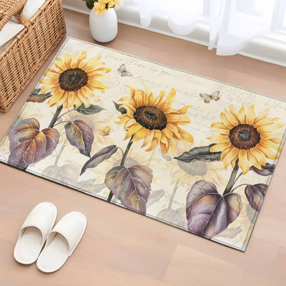 2x3 Ft Entryway Area Rug, Sunflower Kitchen Rug Runner Washable Floor Mat, Yellow Summer Botanical Floral Farmhouse Non Slip Indoor Door Mat Throw Carpet for Bathroom Living Room Bedroom