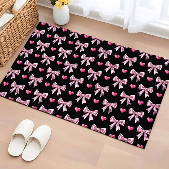 2x3 Ft Entryway Area Rug, Sweet Bow Love Kitchen Rug Runner Washable Floor Mat, Black Retro Preppy Aesthetic Non Slip Indoor Door Mat Throw Carpet for Bathroom Living Room Bedroom