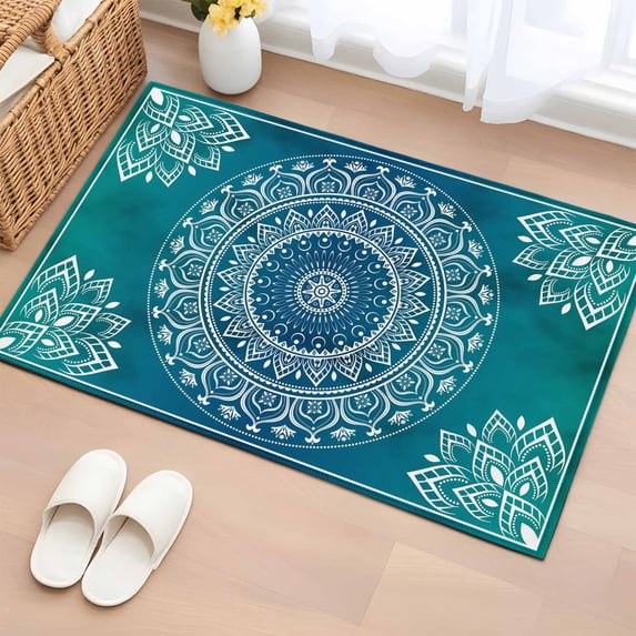 2x3 Ft Entryway Area Rug, Teal Blue Boho Kitchen Rug Runner Washable Floor Mat, Retro White Rustic Flower Ethnic Pattern Non Slip Indoor Door Mat Throw Carpet for Bathroom Living Room Bedroom