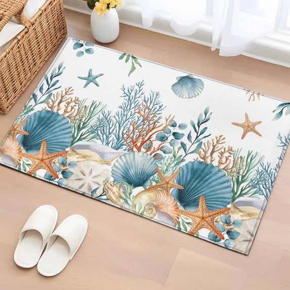 2x3 Ft Entryway Area Rug, Teal Blue Coastal Kitchen Rug Runner Washable Floor Mat, Summer Beach Starfish Shell Coral Nautical Non Slip Indoor Door Mat Throw Carpet for Bathroom Living Room Bedroom