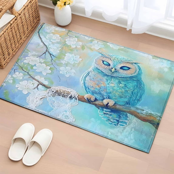 2x3 Ft Entryway Area Rug, Teal Blue Owl Kitchen Rug Runner Washable Floor Mat, Modern Flowers Birds on Branch Non Slip Indoor Door Mat Throw Carpet for Bathroom Living Room Bedroom