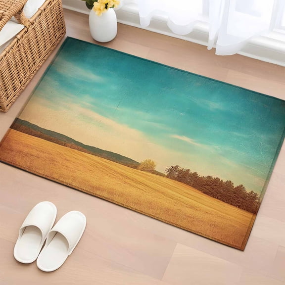 2x3 Ft Entryway Area Rug, Teal Blue Sky Golden Fields Kitchen Rug Runner Washable Floor Mat, Retro Nature Hill Scenery Non Slip Indoor Door Mat Throw Carpet for Bathroom Living Room Bedroom