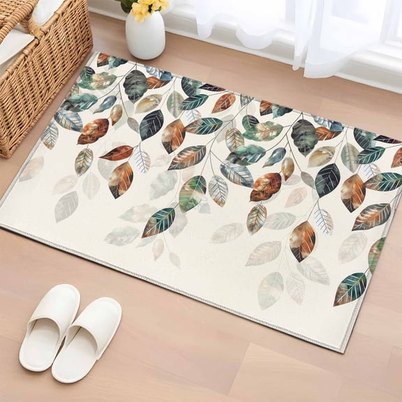 2x3 Ft Entryway Area Rug, Teal Brown Botanical Kitchen Rug Runner Washable Floor Mat, Pastoral Fall Weeping Maple Leaf Non Slip Indoor Door Mat Throw Carpet for Bathroom Living Room Bedroom