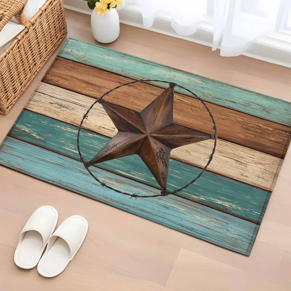 2x3 Ft Entryway Area Rug, Teal Brown Kitchen Rug Runner Washable Floor Mat, Country Texas Star Farmhouse Barn Door Wood Non Slip Indoor Door Mat Throw Carpet for Bathroom Living Room Bedroom