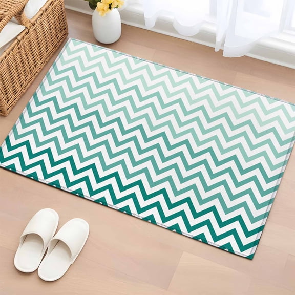 2x3 Ft Entryway Area Rug, Teal Chevron Kitchen Rug Runner Washable Floor Mat, Ombre Geometric Ocean Wave V-shaped Non Slip Indoor Door Mat Throw Carpet for Bathroom Living Room Bedroom