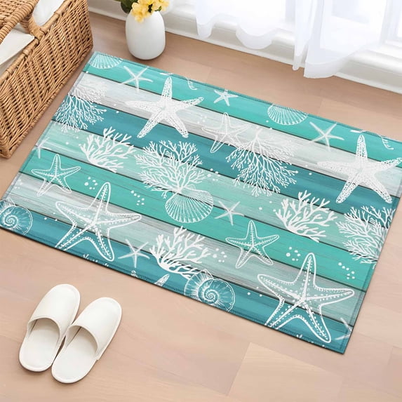 2x3 Ft Entryway Area Rug, Teal Coastal Beach Kitchen Rug Runner Washable Floor Mat, Nautical Starfish Coral Vintage Wooden Non Slip Indoor Door Mat Throw Carpet for Bathroom Living Room Bedroom