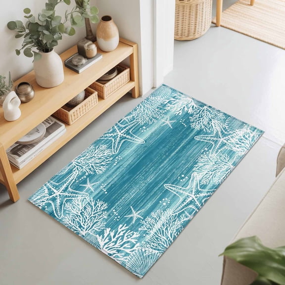 2x3 Ft Entryway Area Rug, Teal Coastal Kitchen Rug Runner Washable Floor Mat, Summer Ocean Sea Ombre Starfish Corals Non Slip Indoor Door Mat Throw Carpet for Bathroom Living Room Bedroom