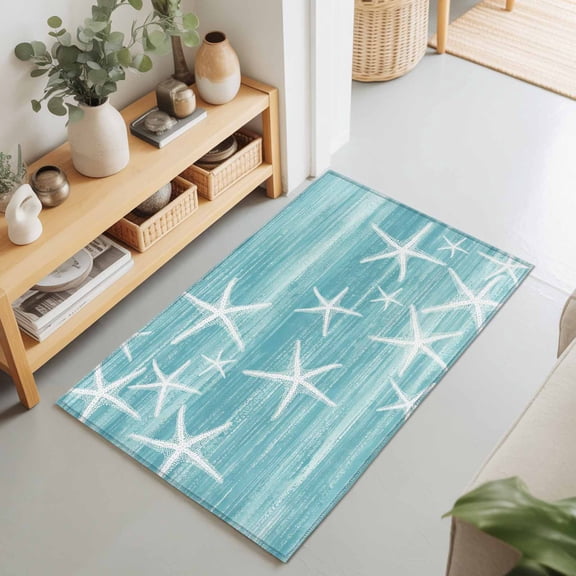 2x3 Ft Entryway Area Rug, Teal Coastal Kitchen Rug Runner Washable Floor Mat, Summer Ocean Waves Ombre Sea Starfish Non Slip Indoor Door Mat Throw Carpet for Bathroom Living Room Bedroom