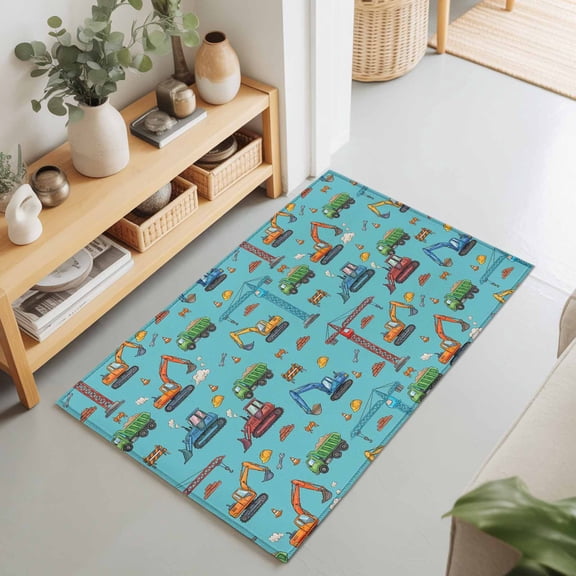 2x3 Ft Entryway Area Rug, Teal Construction Vehicle Kitchen Rug Runner Washable Floor Mat, Modern Excavator Crane Non Slip Indoor Door Mat Throw Carpet for Bathroom Living Room Bedroom