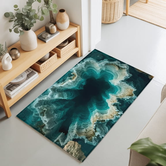 2x3 Ft Entryway Area Rug, Teal Green Ocean Vortex Kitchen Rug Runner Washable Floor Mat, Sea Cave Nature Coastal Non Slip Indoor Door Mat Throw Carpet for Bathroom Living Room Bedroom