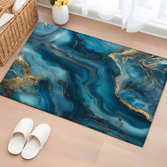 2x3 Ft Entryway Area Rug, Teal Ombre Kitchen Rug Runner Washable Floor Mat, Marble Abstract Ink Painting Modern Non Slip Indoor Door Mat Throw Carpet for Bathroom Living Room Bedroom