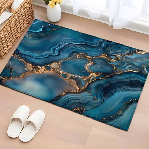 2x3 Ft Entryway Area Rug, Teal Ombre Kitchen Rug Runner Washable Floor Mat, Marble Modern Abstract Ink Painting Non Slip Indoor Door Mat Throw Carpet for Bathroom Living Room Bedroom