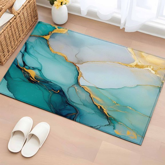2x3 Ft Entryway Area Rug, Teal Ombre Marble Kitchen Rug Runner Washable Floor Mat, Modern Ink Painted Abstract Non Slip Indoor Door Mat Throw Carpet for Bathroom Living Room Bedroom