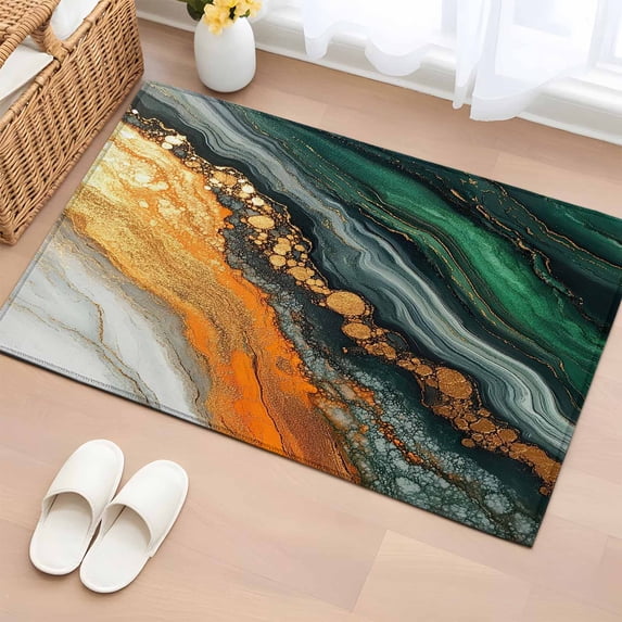 2x3 Ft Entryway Area Rug, Teal Orange Marble Kitchen Rug Runner Washable Floor Mat, Modern Ink Painting Abstract Non Slip Indoor Door Mat Throw Carpet for Bathroom Living Room Bedroom