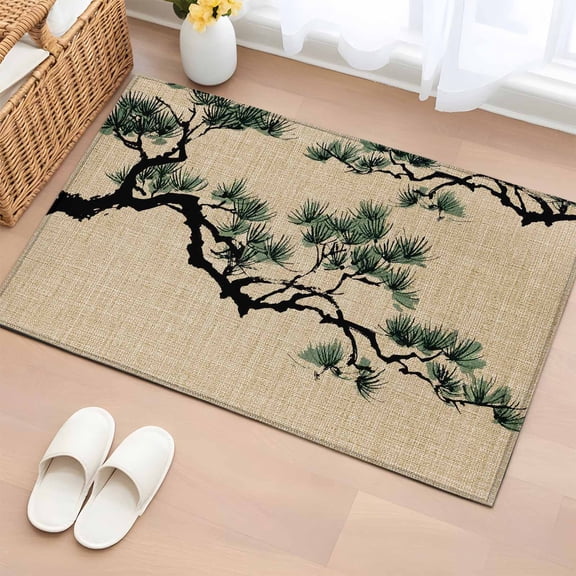 2x3 Ft Entryway Area Rug, Teal Pine Tree Kitchen Rug Runner Washable Floor Mat, Farmhouse Botanical Country Rustic Non Slip Indoor Door Mat Throw Carpet for Bathroom Living Room Bedroom