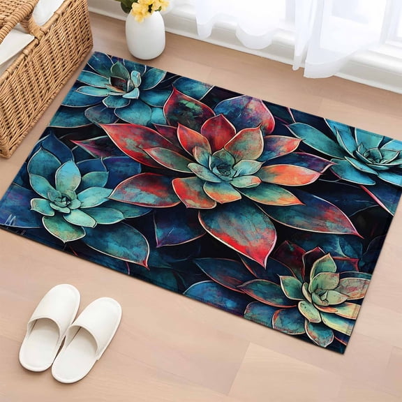 2x3 Ft Entryway Area Rug, Teal Red Ombre Kitchen Rug Runner Washable Floor Mat, Abstract Art Botanical Non Slip Indoor Door Mat Throw Carpet for Bathroom Living Room Bedroom