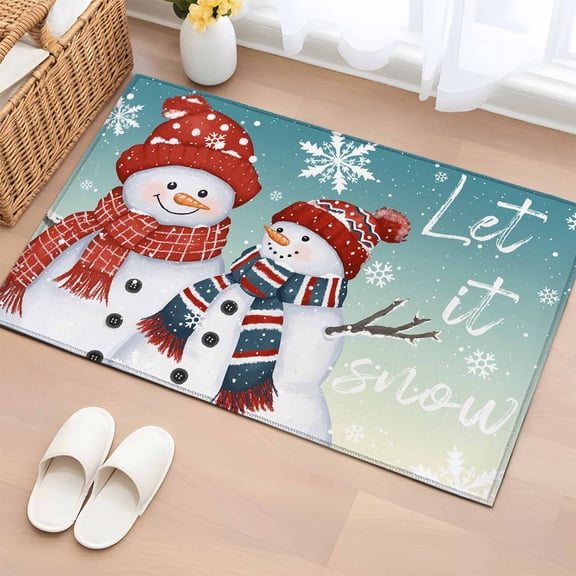 2x3 Ft Entryway Area Rug, Teal Snowman Christmas Kitchen Rug Runner Washable Floor Mat, Snowflake Xmas Non Slip Indoor Door Mat Throw Carpet for Bathroom Living Room Bedroom