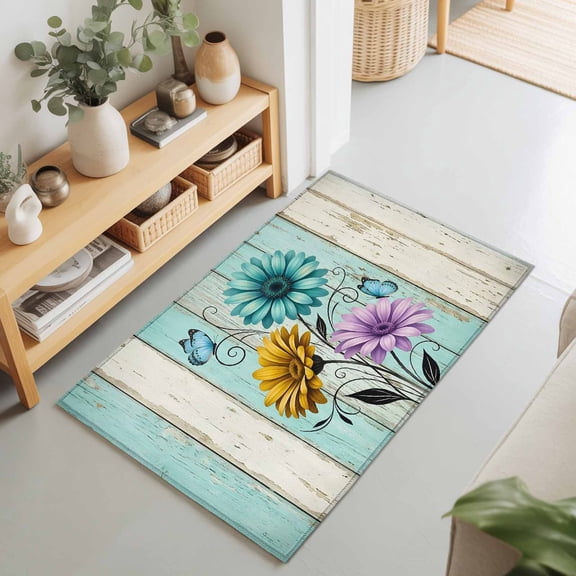 2x3 Ft Entryway Area Rug, Teal Wooden Farmhouse Kitchen Rug Runner Washable Floor Mat, Country Turquoise Floral Daisy Non Slip Indoor Door Mat Throw Carpet for Bathroom Living Room Bedroom