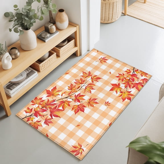 2x3 Ft Entryway Area Rug, Thanksgiving Fall Kitchen Rug Runner Washable Floor Mat, Falling Maple Leaves Orange Checkered Non Slip Indoor Door Mat Throw Carpet for Bathroom Living Room Bedroom