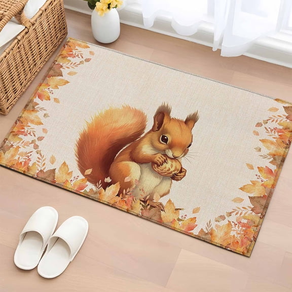 2x3 Ft Entryway Area Rug, Thanksgiving Fall Kitchen Rug Runner Washable Floor Mat, Farmhouse Animal Orange Maple Leaf Rustic Non Slip Indoor Door Mat Throw Carpet for Bathroom Living Room Bedroom