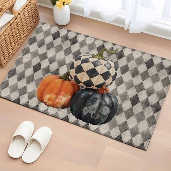 2x3 Ft Entryway Area Rug, Thanksgiving Fall Kitchen Rug Runner Washable Floor Mat, Orange Black Pumpkin Vintage Black Plaid Non Slip Indoor Door Mat Throw Carpet for Bathroom Living Room Bedroom