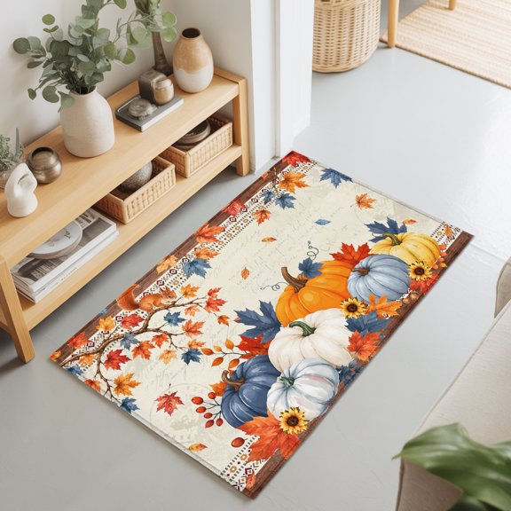 2x3 Ft Entryway Area Rug, Thanksgiving Kitchen Rug Runner Washable Floor Mat, Boho Fall Squirrel Pumpkin Maple Stripe Non Slip Indoor Door Mat Throw Carpet for Bathroom Living Room Bedroom