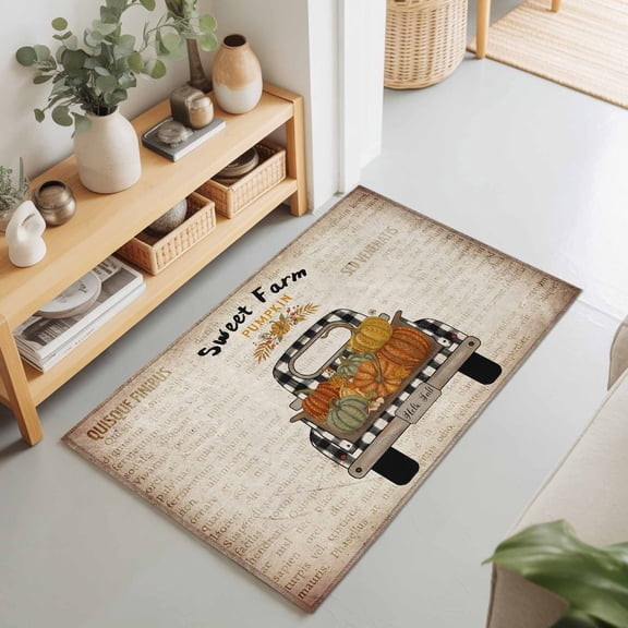 2x3 Ft Entryway Area Rug, Thanksgiving Kitchen Rug Runner Washable Floor Mat, Fall Pumpkins Farmhouse Truck Vintage Brown Non Slip Indoor Door Mat Throw Carpet for Bathroom Living Room Bedroom