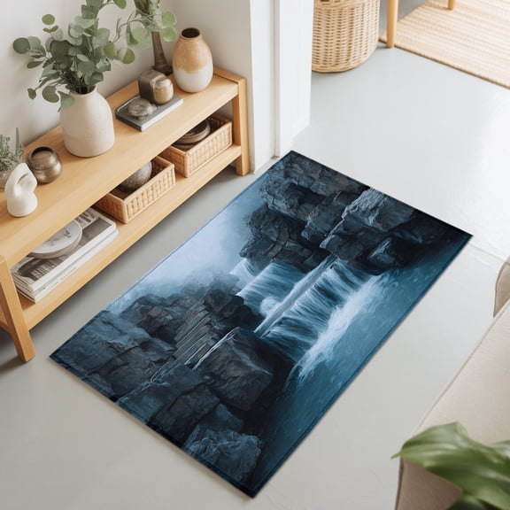 2x3 Ft Entryway Area Rug, Tiered Waterfall Forest Kitchen Rug Runner Washable Floor Mat, Nature Stone River Modern Non Slip Indoor Door Mat Throw Carpet for Bathroom Living Room Bedroom