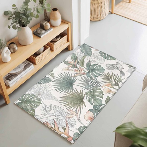 2x3 Ft Entryway Area Rug, Tropical Botanical Kitchen Rug Runner Washable Floor Mat, Summer Monstera Plam Leaves Birds Green Non Slip Indoor Door Mat Throw Carpet for Bathroom Living Room Bedroom