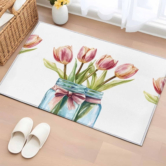 2x3 Ft Entryway Area Rug, Tulip Flower Kitchen Rug Runner Washable Floor Mat, Spring Oil Painting Floral Leaf Bow Vase Non Slip Indoor Door Mat Throw Carpet for Bathroom Living Room Bedroom