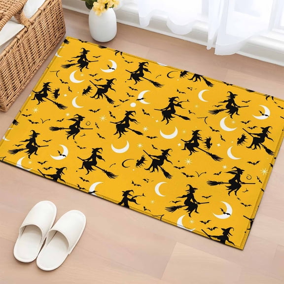 2x3 Ft Entryway Area Rug, Turmeric Halloween Kitchen Rug Runner Washable Floor Mat, Flying Witch Bats Moon Non Slip Indoor Door Mat Throw Carpet for Bathroom Living Room Bedroom