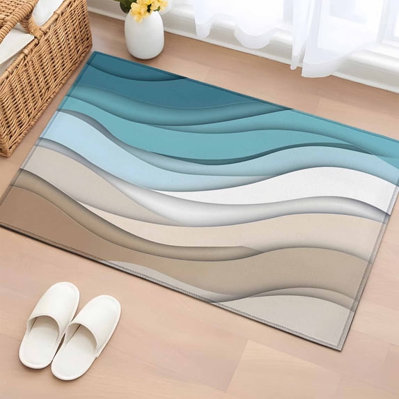 2x3 Ft Entryway Area Rug, Turquoise Brown Kitchen Rug Runner Washable Floor Mat, Teal White Geometric Gradient Stripes Non Slip Indoor Door Mat Throw Carpet for Bathroom Living Room Bedroom