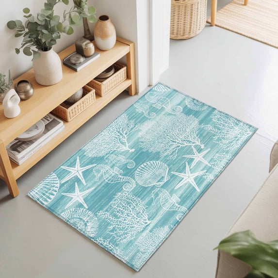 2x3 Ft Entryway Area Rug, Turquoise Coastal Kitchen Rug Runner Washable Floor Mat, Nautical Coral Starfish Shell Seahorse Ocean Non Slip Indoor Door Mat Throw Carpet for Bathroom Living Room Bedroom