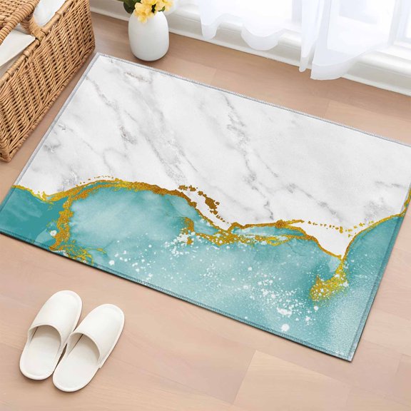 2x3 Ft Entryway Area Rug, Turquoise Gold Marble Kitchen Rug Runner Washable Floor Mat, Modern Abstract Marble Crack Texture Non Slip Indoor Door Mat Throw Carpet for Bathroom Living Room Bedroom