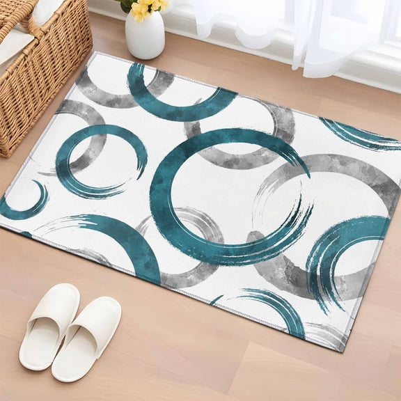 2x3 Ft Entryway Area Rug, Turquoise Grey Kitchen Rug Runner Washable Floor Mat, Geometric Circle Modern Abstract Simple Art Non Slip Indoor Door Mat Throw Carpet for Bathroom Living Room Bedroom
