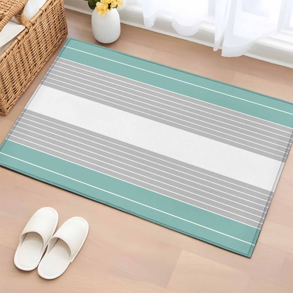 2x3 Ft Entryway Area Rug, Turquoise Grey Stripe Kitchen Rug Runner Washable Floor Mat, Modern Art Horizontal Striped Non Slip Indoor Door Mat Throw Carpet for Bathroom Living Room Bedroom