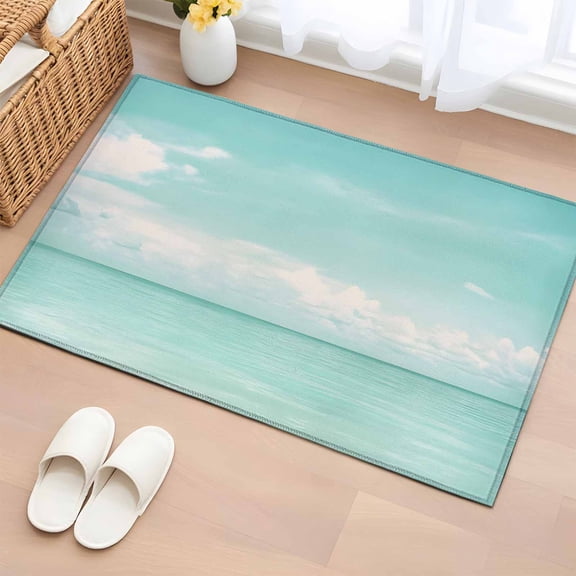 2x3 Ft Entryway Area Rug, Turquoise Ocean Kitchen Rug Runner Washable Floor Mat, Summer Beach Coastal Horizon Scenery Non Slip Indoor Door Mat Throw Carpet for Bathroom Living Room Bedroom
