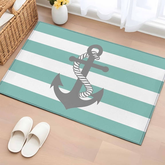 2x3 Ft Entryway Area Rug, Turquoise Stripe Nautical Kitchen Rug Runner Washable Floor Mat, Grey Anchor Summer Coastal Non Slip Indoor Door Mat Throw Carpet for Bathroom Living Room Bedroom