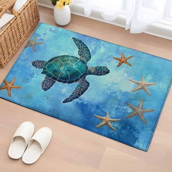 2x3 Ft Entryway Area Rug, Turtle Kitchen Rug Runner Washable Floor Mat, Coastal Blue Starfish Ocean Sea Vintage Non Slip Indoor Door Mat Throw Carpet for Bathroom Living Room Bedroom