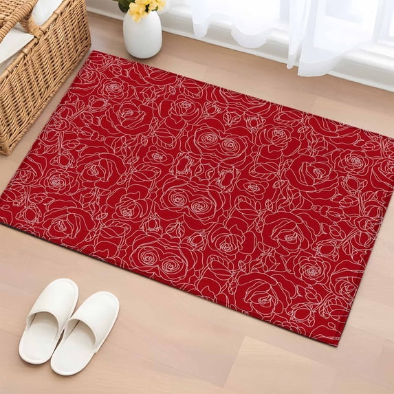 2x3 Ft Entryway Area Rug, Valentine's Day Kitchen Rug Runner Washable Floor Mat, Red Roses Romantic Flowers Abstract Floral Non Slip Indoor Door Mat Throw Carpet for Bathroom Living Room Bedroom