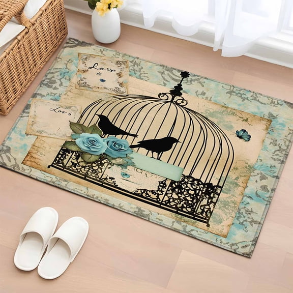 2x3 Ft Entryway Area Rug, Vintage Bird Cage Kitchen Rug Runner Washable Floor Mat, Retro Floral Pattern Non Slip Indoor Door Mat Throw Carpet for Bathroom Living Room Bedroom