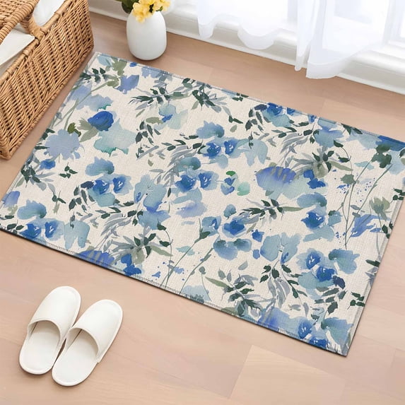 2x3 Ft Entryway Area Rug, Vintage Blue Flower Kitchen Rug Runner Washable Floor Mat, Farmhouse Botanical Floral Retro Non Slip Indoor Door Mat Throw Carpet for Bathroom Living Room Bedroom
