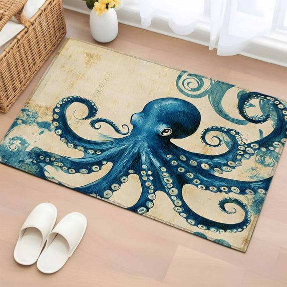 2x3 Ft Entryway Area Rug, Vintage Blue Octopus Kitchen Rug Runner Washable Floor Mat, Summer Coastal Ocean Wave Non Slip Indoor Door Mat Throw Carpet for Bathroom Living Room Bedroom