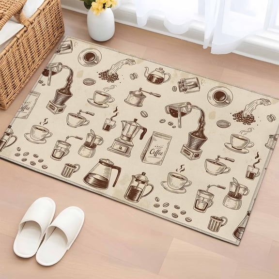 2x3 Ft Entryway Area Rug, Vintage Cafe Kitchen Rug Runner Washable Floor Mat, Coffee Making Tools Beans Cups Moka Pot Tan Non Slip Indoor Door Mat Throw Carpet for Bathroom Living Room Bedroom