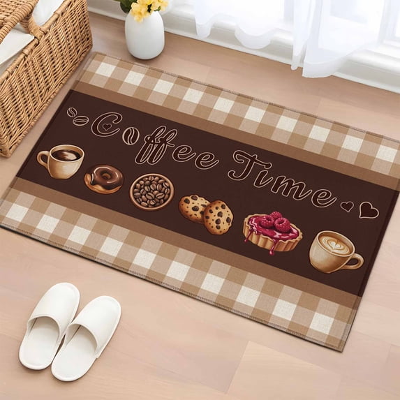 2x3 Ft Entryway Area Rug, Vintage Coffee Time Kitchen Rug Runner Washable Floor Mat, Farmhouse Desserts Brwon White Plaid Non Slip Indoor Door Mat Throw Carpet for Bathroom Living Room Bedroom