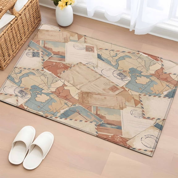 2x3 Ft Entryway Area Rug, Vintage Envelope Kitchen Rug Runner Washable Floor Mat, Abstract Art Travel Maps Non Slip Indoor Door Mat Throw Carpet for Bathroom Living Room Bedroom