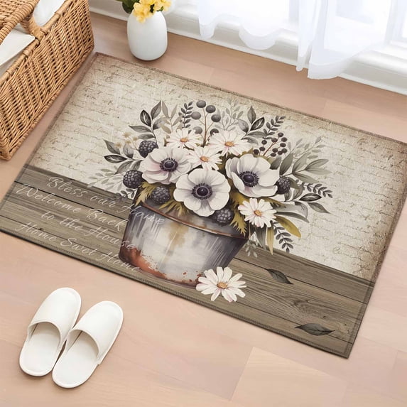 2x3 Ft Entryway Area Rug, Vintage Flowers Kitchen Rug Runner Washable Floor Mat, Farmhouse Floral Leaves Retro Wood Board Non Slip Indoor Door Mat Throw Carpet for Bathroom Living Room Bedroom