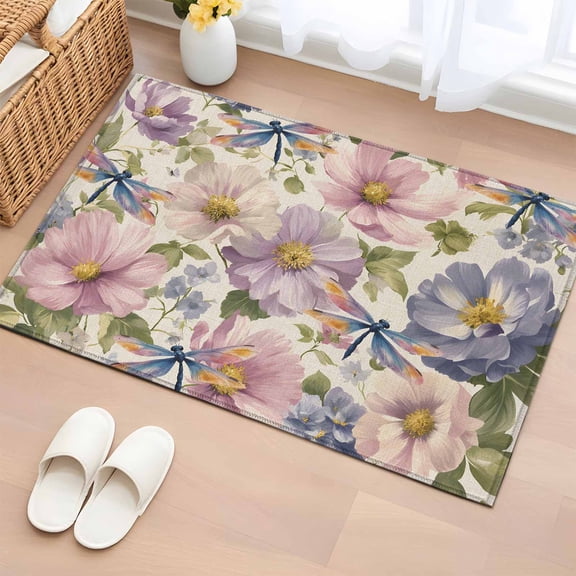 2x3 Ft Entryway Area Rug, Vintage Flowers Kitchen Rug Runner Washable Floor Mat, Spring Watercolor Floral Dragonflies Beige Non Slip Indoor Door Mat Throw Carpet for Bathroom Living Room Bedroom